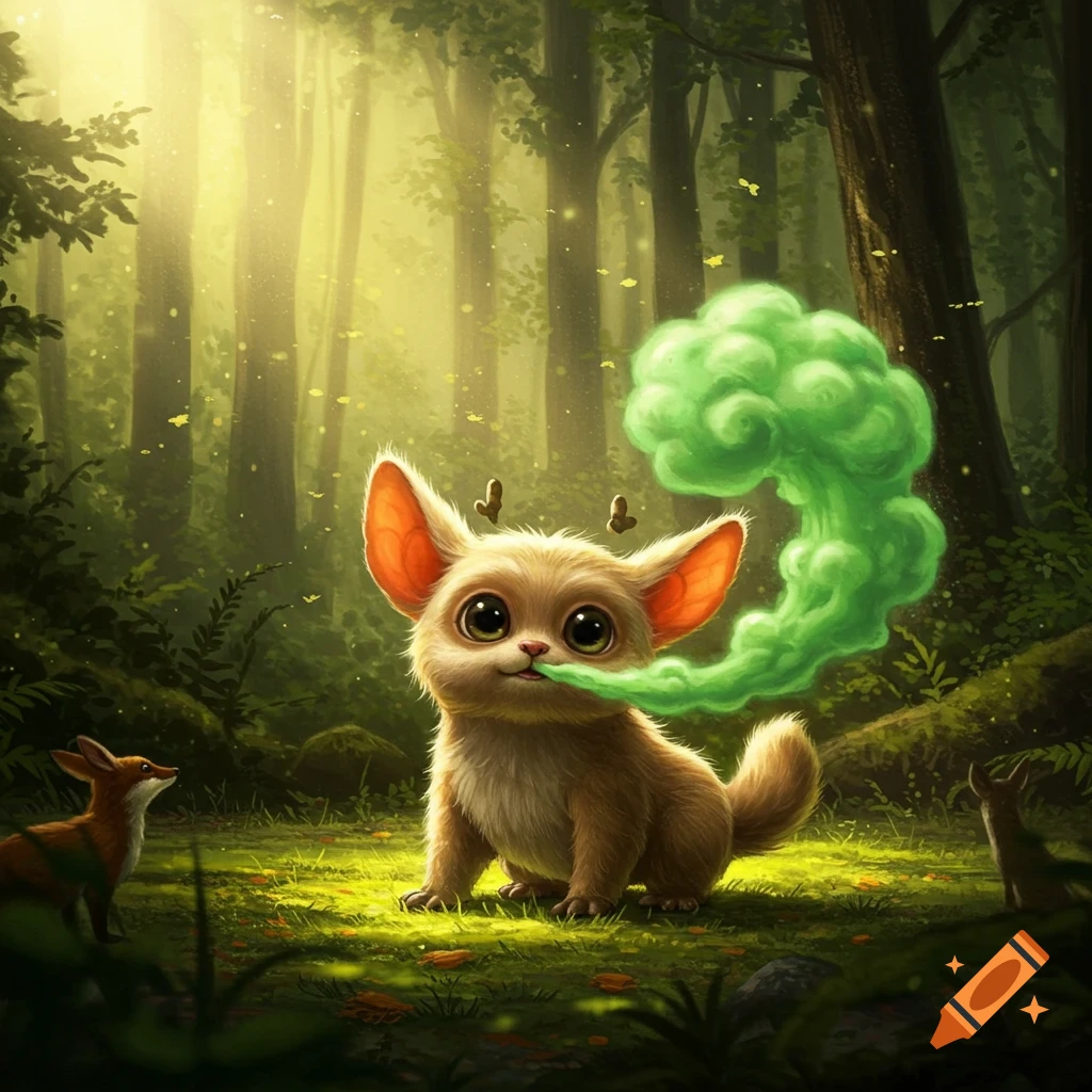 A cute, big-eared creature exhales green gas in a sunlit fantasy forest, with a fox watching nearby. Digital art.