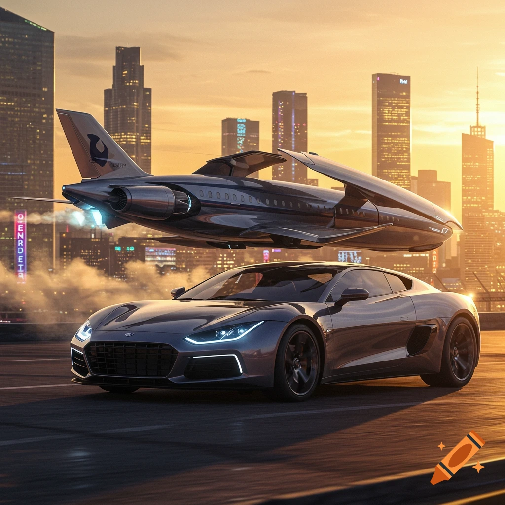 A sleek, dark futuristic car sits on a road with a matching silver-grey, futuristic flying vehicle above it, set against a sunset city skyline.
