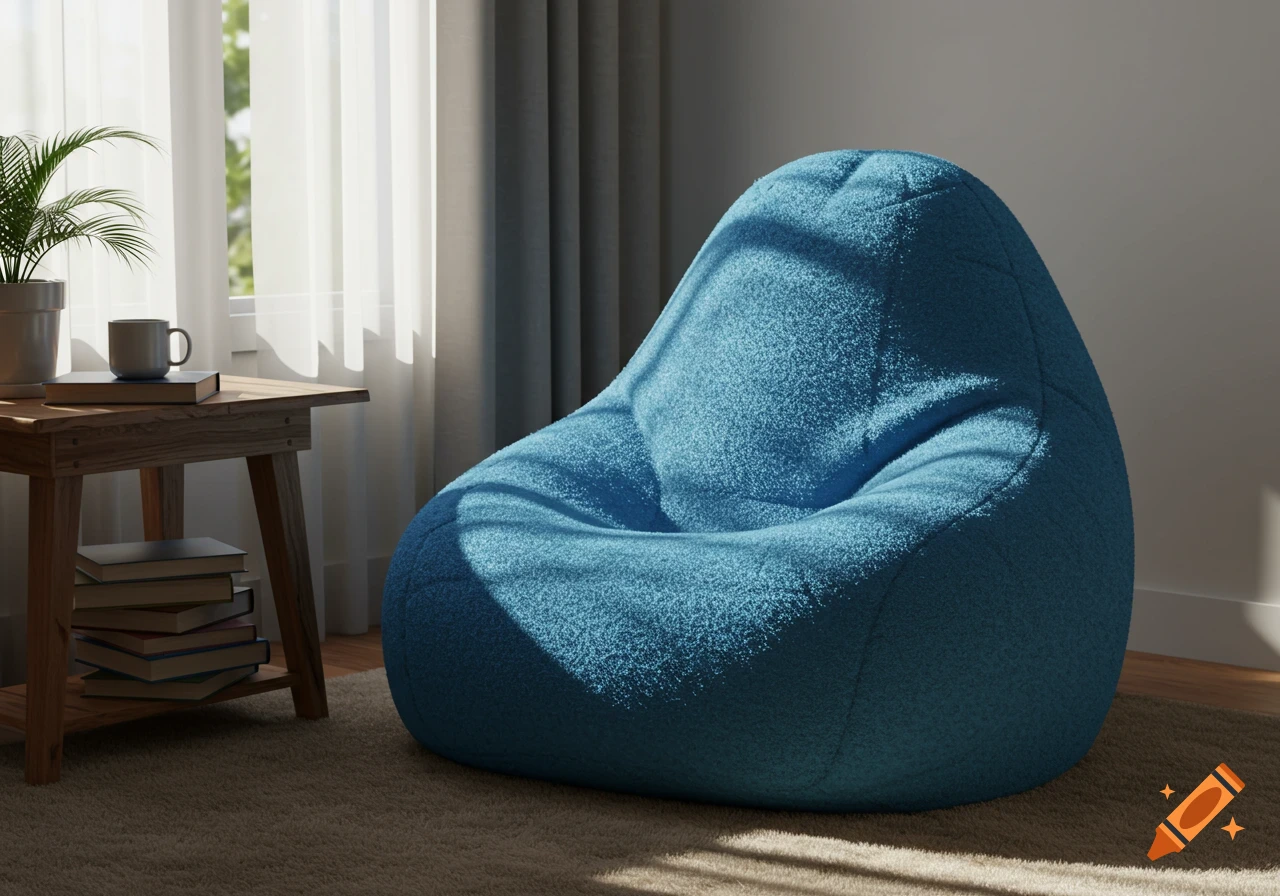 A photorealistic image of a blue bean bag chair in a sunlit room, next to a wooden side table with books and a mug.