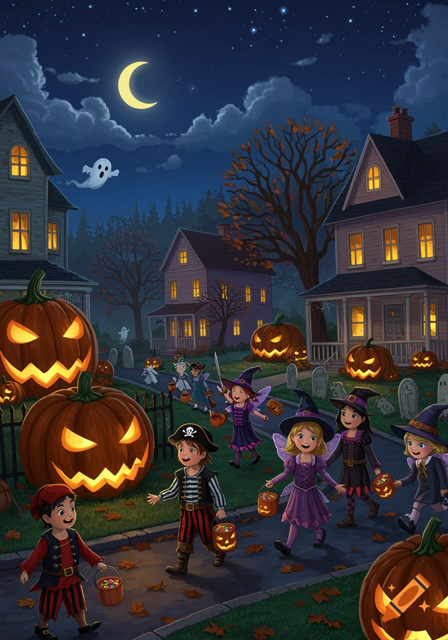 Children in Halloween costumes trick-or-treating on a path at night, with glowing jack-o'-lanterns, houses, and a crescent moon.
