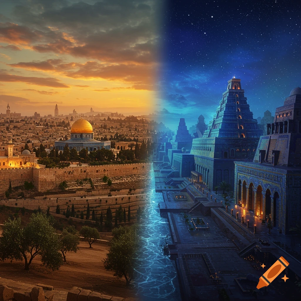 Split image of Jerusalem at sunset and an ancient Babylonian-style city at night.
