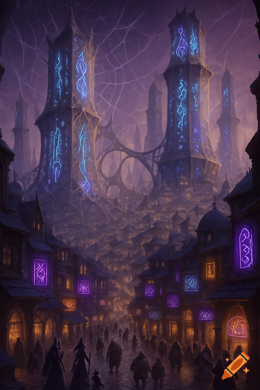 A dark fantasy cityscape with towering structures carved with glowing blue and purple arcane runes, and a bustling street with pedestrians under a misty, web-like sky.