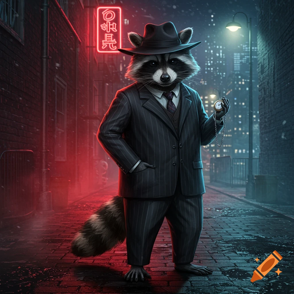 An anthropomorphic raccoon in a pinstripe suit and fedora holds a pocket watch in a neon-lit city alley at night.