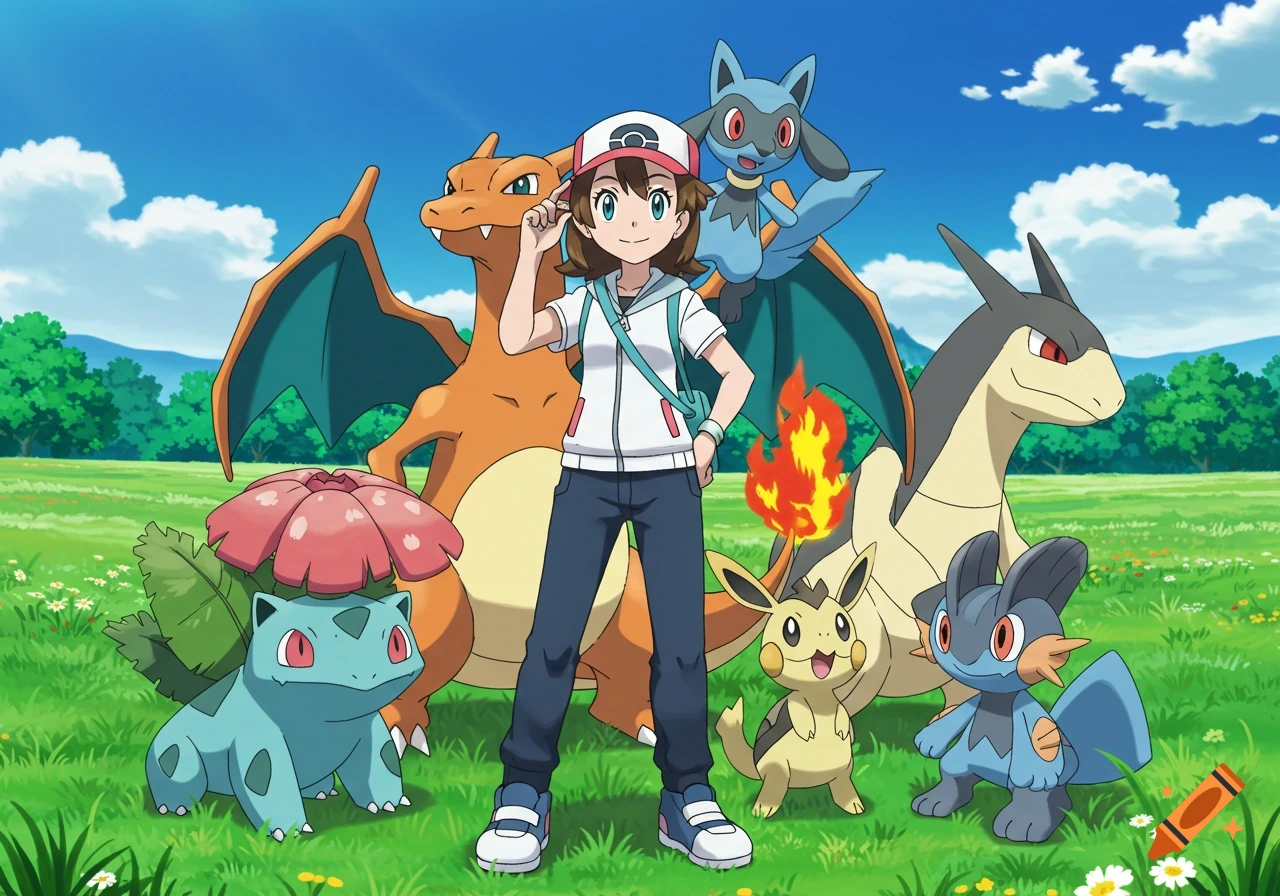 An anime female trainer with a cap and her Pokémon team: Charizard, Riolu, Typhlosion, Bulbasaur, Pichu, and Mudkip, in a grassy field.