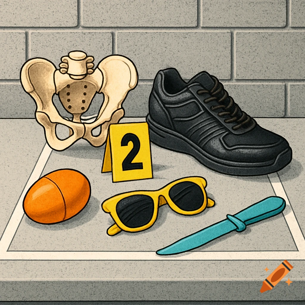 An illustration of forensic evidence: a pelvis bone, black shoe, evidence marker '2', orange egg, yellow sunglasses, and a turquoise knife on a gray counter.