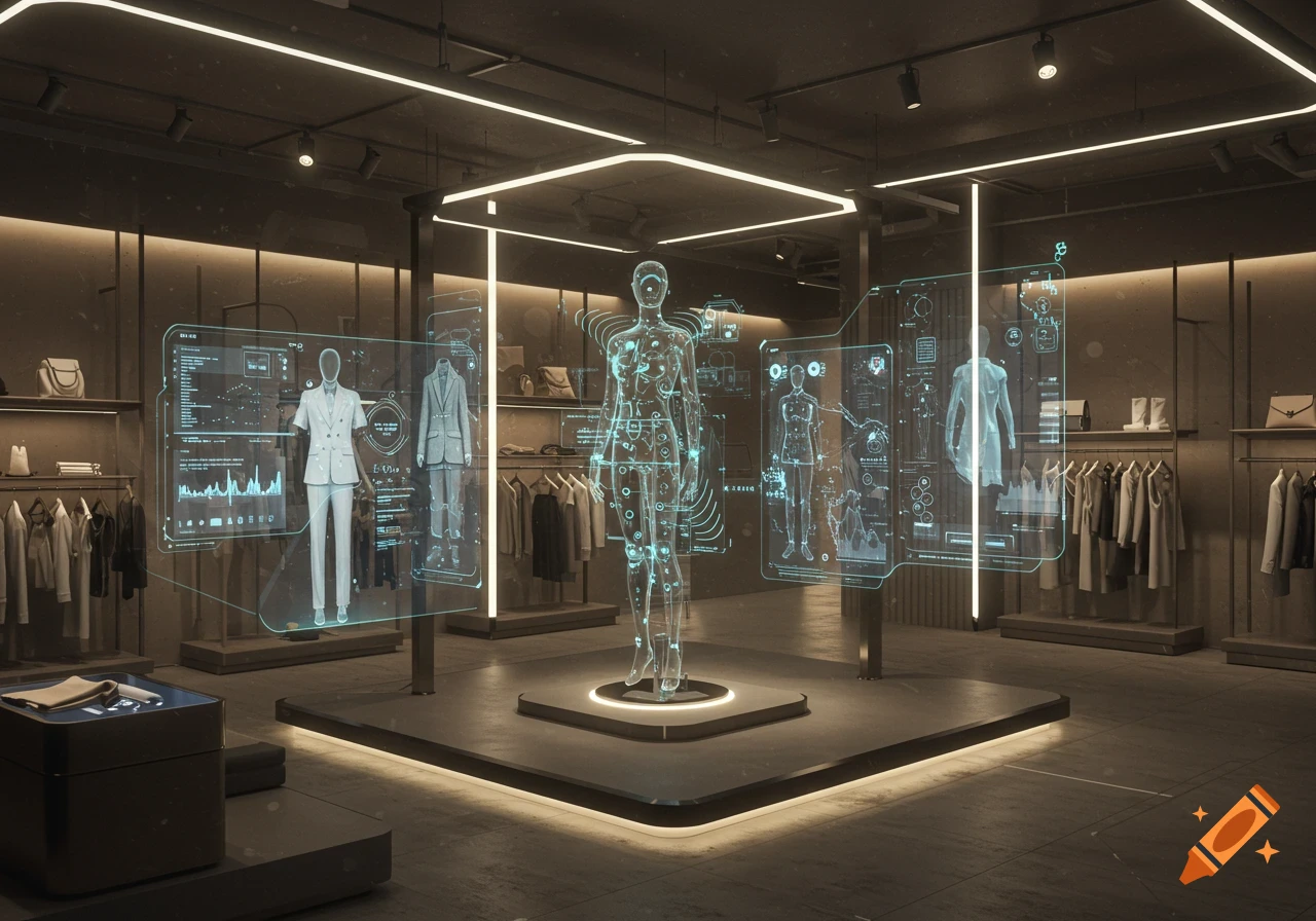 A futuristic retail store with holographic displays showing a glowing body outline and clothing mannequins, featuring AI and AR elements.