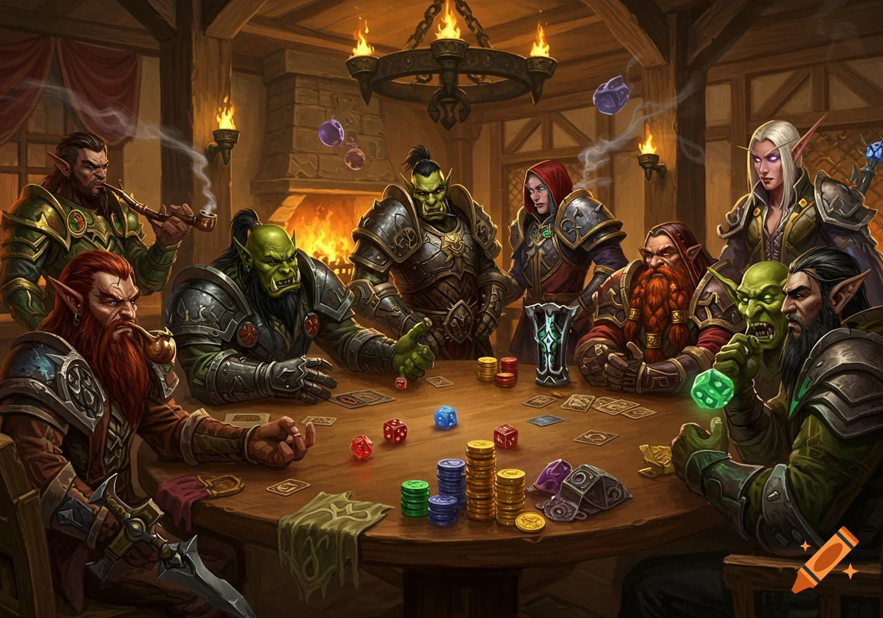 Fantasy characters, including orcs, elves, and dwarves, play a card and dice game at a wooden table in a medieval tavern.
