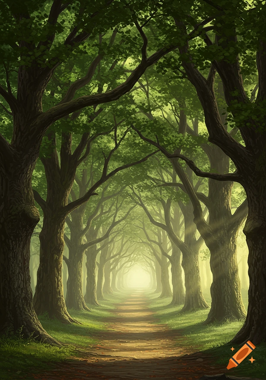 A lush, green forest path with tall trees forming an archway, with bright light at the distant end, in a fantasy art style.