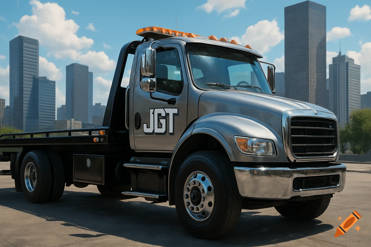 Photorealistic image of a silver rollback tow truck with 'JGT' logo on its door, parked in a city with skyscrapers.