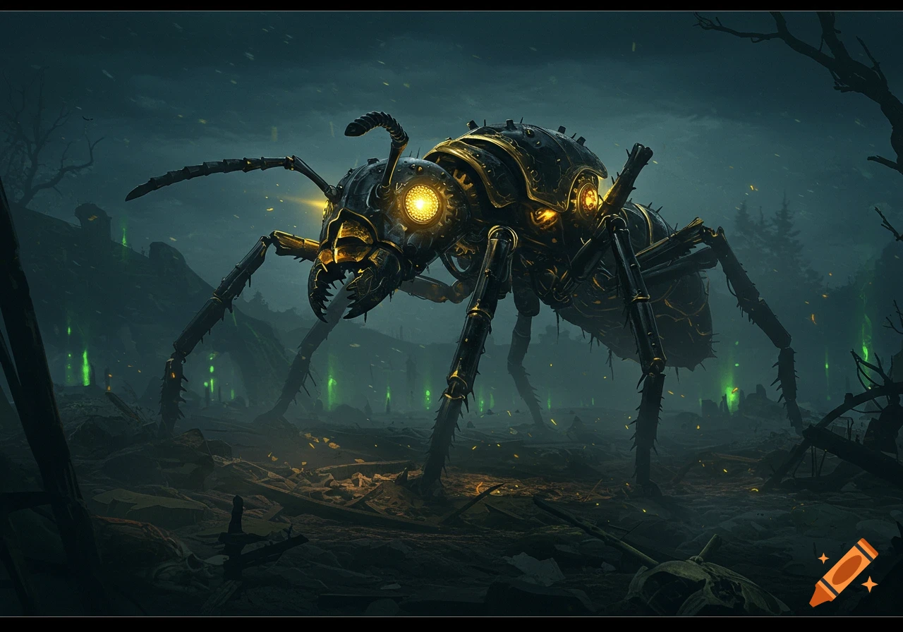 An eldritch black and gold mechanical ant monster with glowing eyes stands in a dark, eerie landscape with green lights.