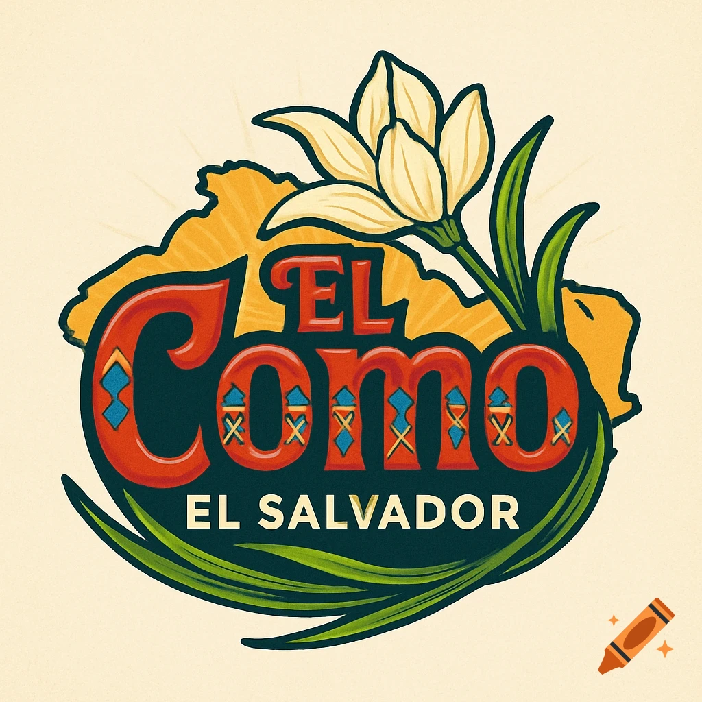 Colorful logo for 'EL Como EL SALVADOR' food truck featuring a map of El Salvador, a white flower, and green leaves.