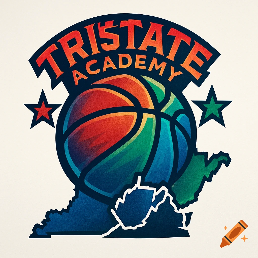 A vibrant basketball logo with 'TRISTATE ACADEMY' text, a colorful basketball, and outlines of Ohio, West Virginia, and Kentucky states.
