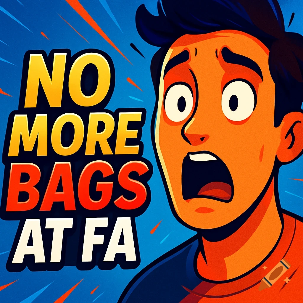 Cartoon man with a shocked expression next to text 'NO MORE BAGS AT FA' in a vibrant YouTube thumbnail style.