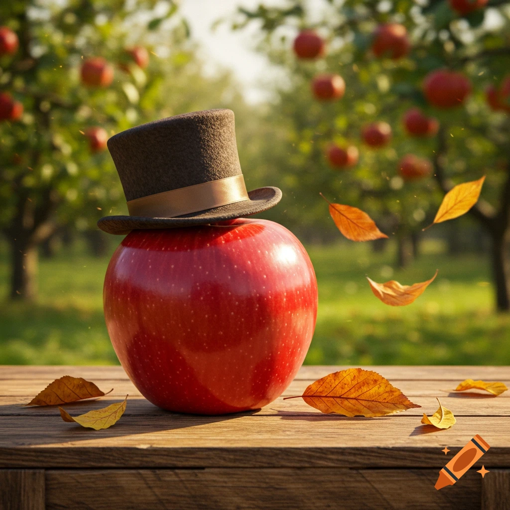 A red apple wearing a dark top hat sits on a wooden table in an apple orchard with autumn leaves falling.