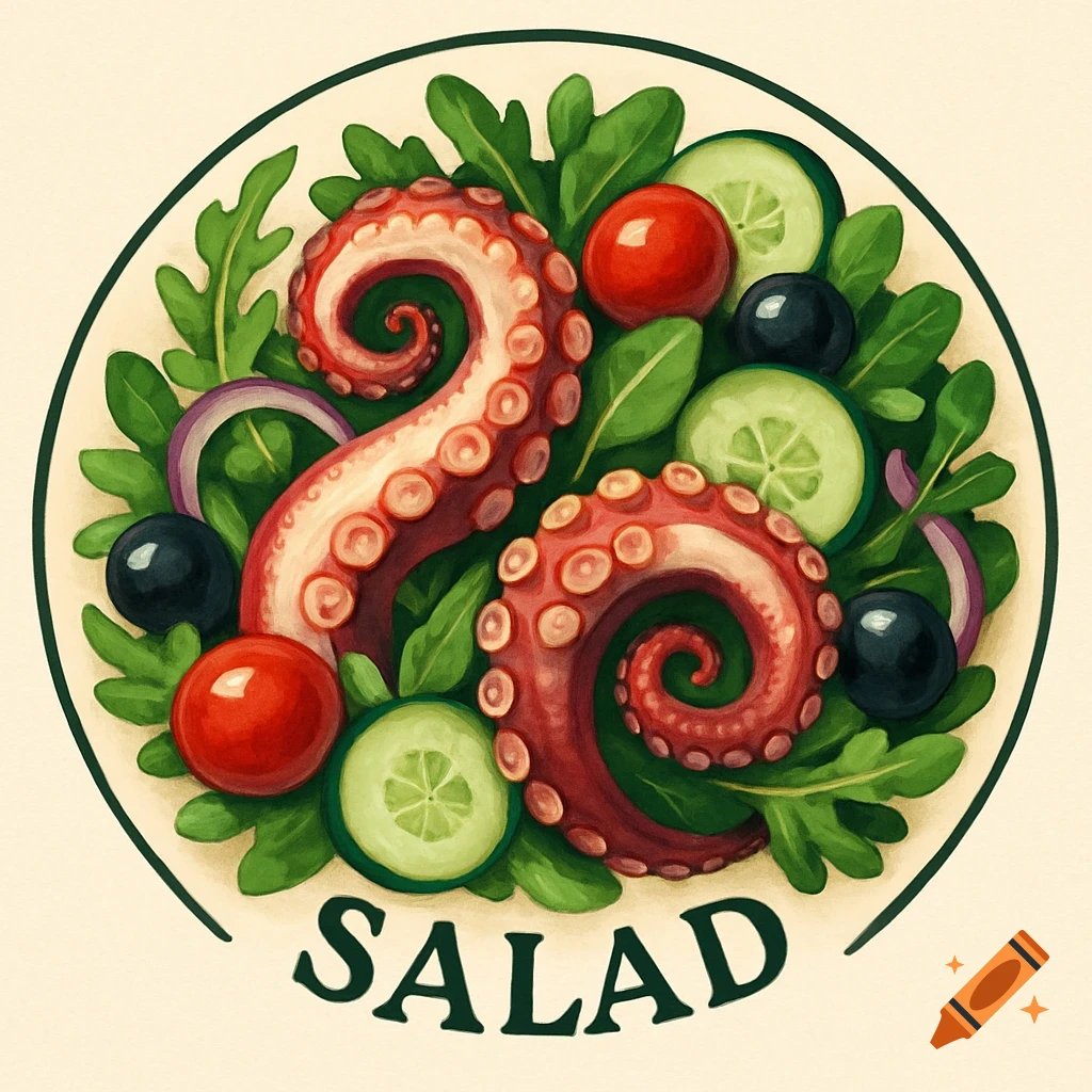 Colorful illustration of an octopus salad with greens, tomatoes, cucumbers, olives, and onion slices, featuring "SALAD" text.