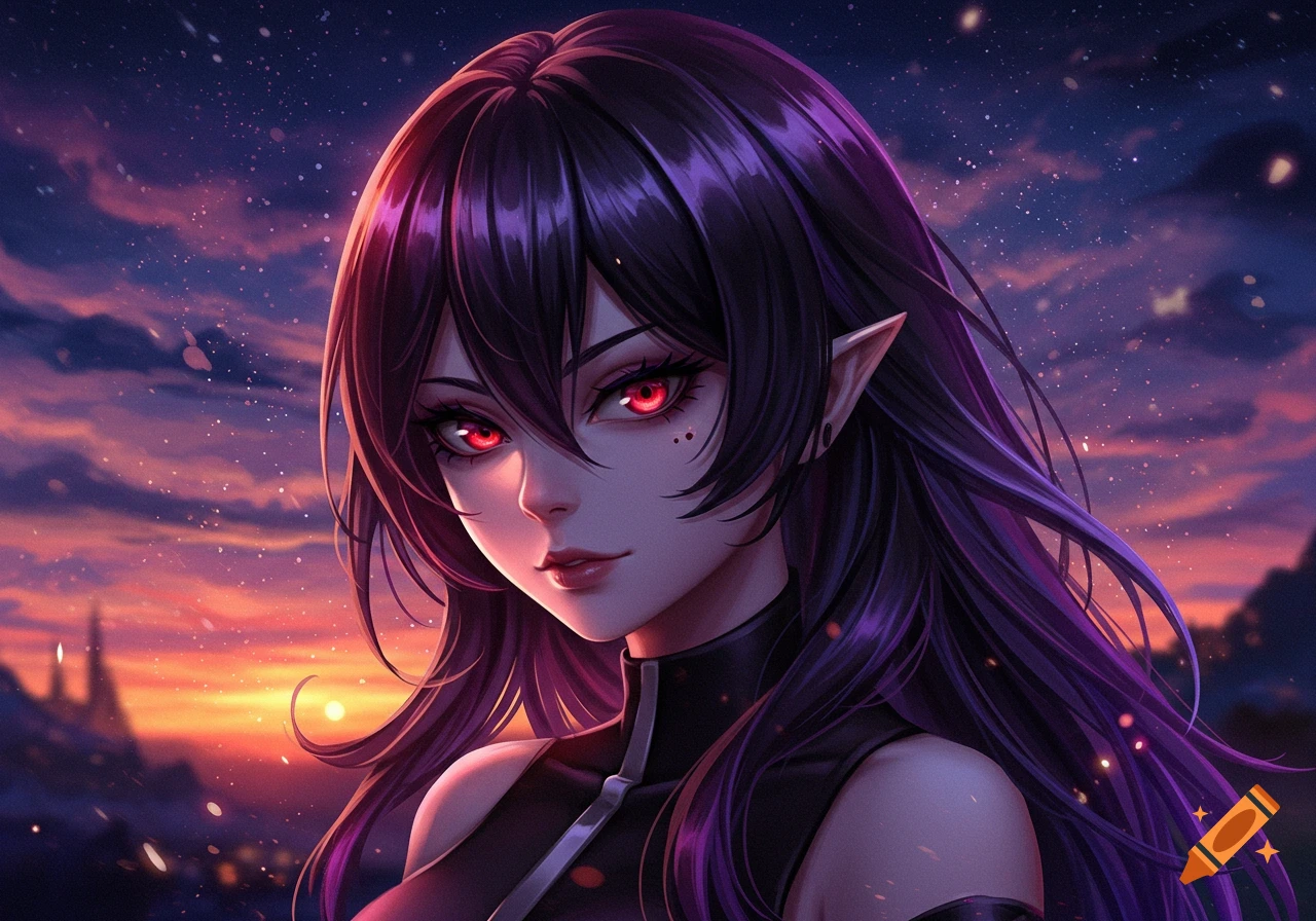 Anime girl with dark purple hair, red eyes, and elf ears against a vibrant sunset and starry sky.