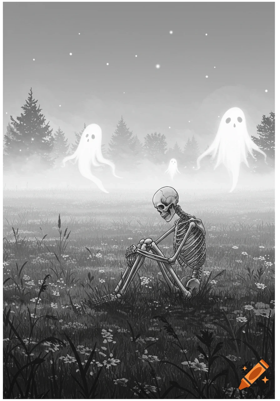 A monochromatic illustration of a skeleton sitting in a field, holding its knees, as glowing ghosts float in the misty background among trees.