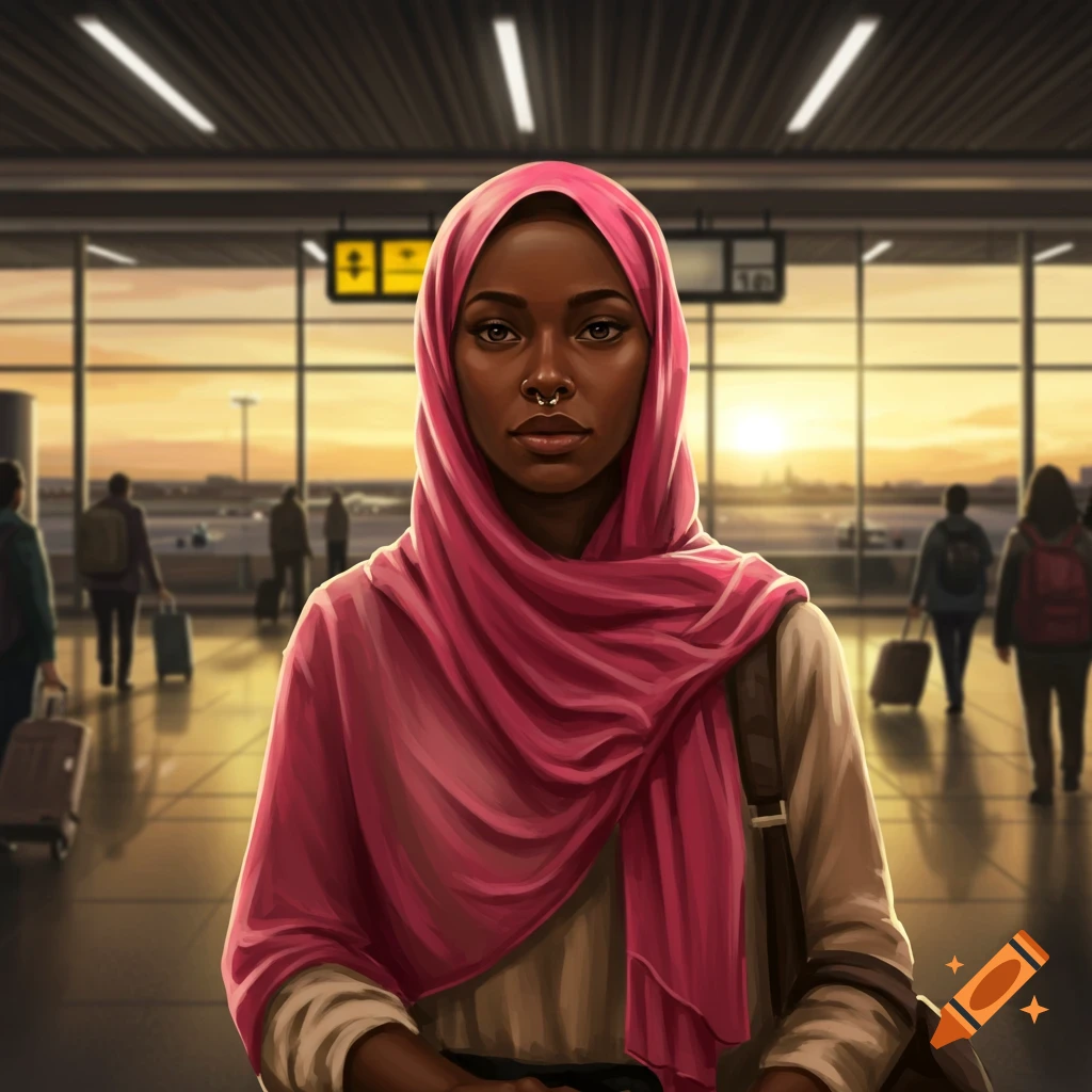 Digital painting of an African American woman in a pink hijab and nose ring at an airport during sunset.