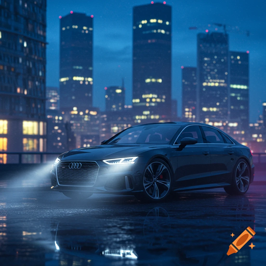 A dark grey Audi car with bright headlights on a wet city street at night, reflecting the urban lights and tall skyscrapers.