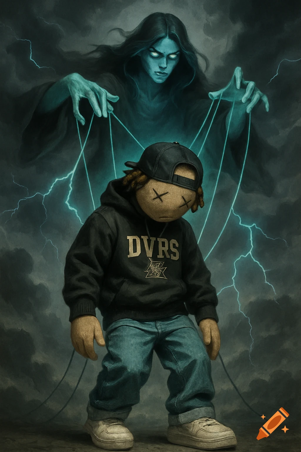 A spectral sorceress manipulates a streetwear-clad voodoo doll puppet with glowing strings, against a stormy, lightning-filled sky.