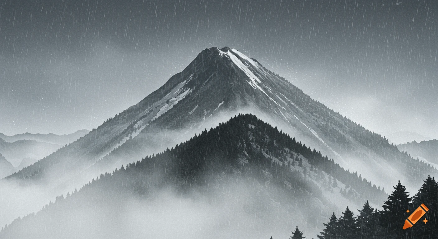 Sumi-e style monochrome landscape of a large mountain and pine-covered hills shrouded in mist and rain.
