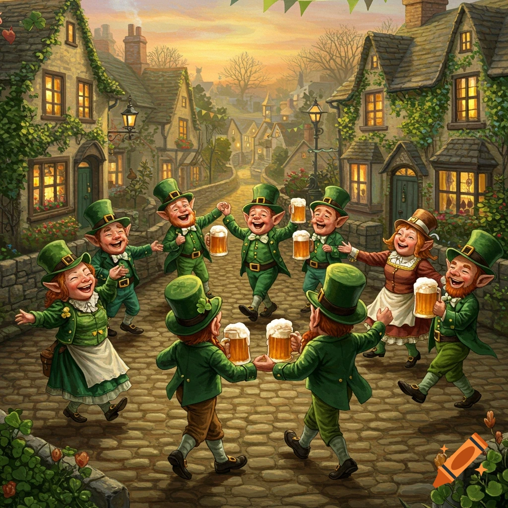 Joyful leprechauns, male and female, dance in a circle on a cobblestone village street at sunset, holding mugs of beer.