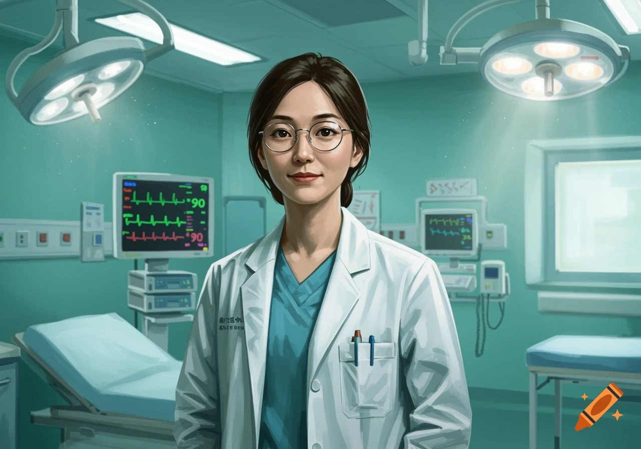 A female doctor with short dark hair and glasses smiles while standing in a brightly lit operating room with medical monitors and beds.