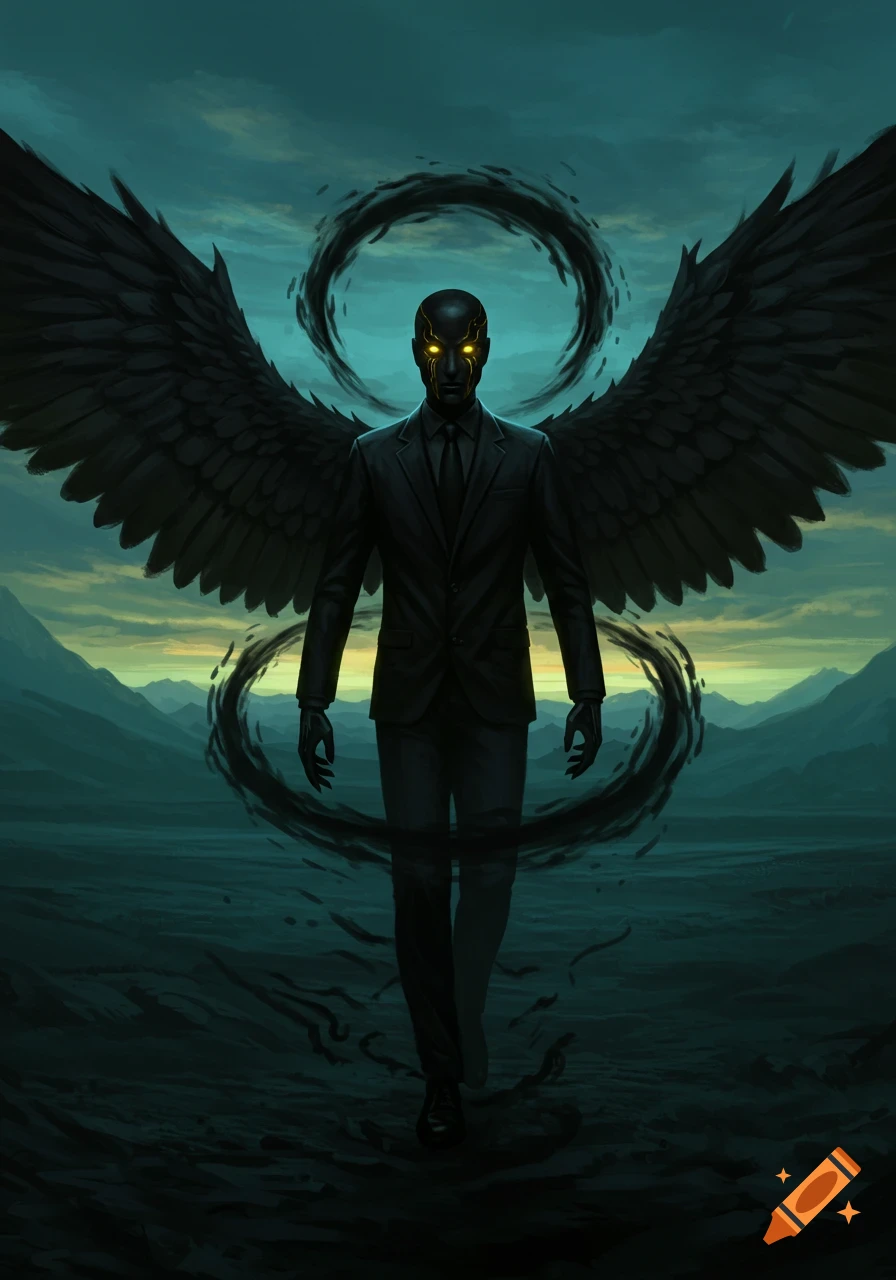 Dark fantasy art of a winged figure in a black suit with glowing yellow eyes and a dark aura, in a desolate landscape.