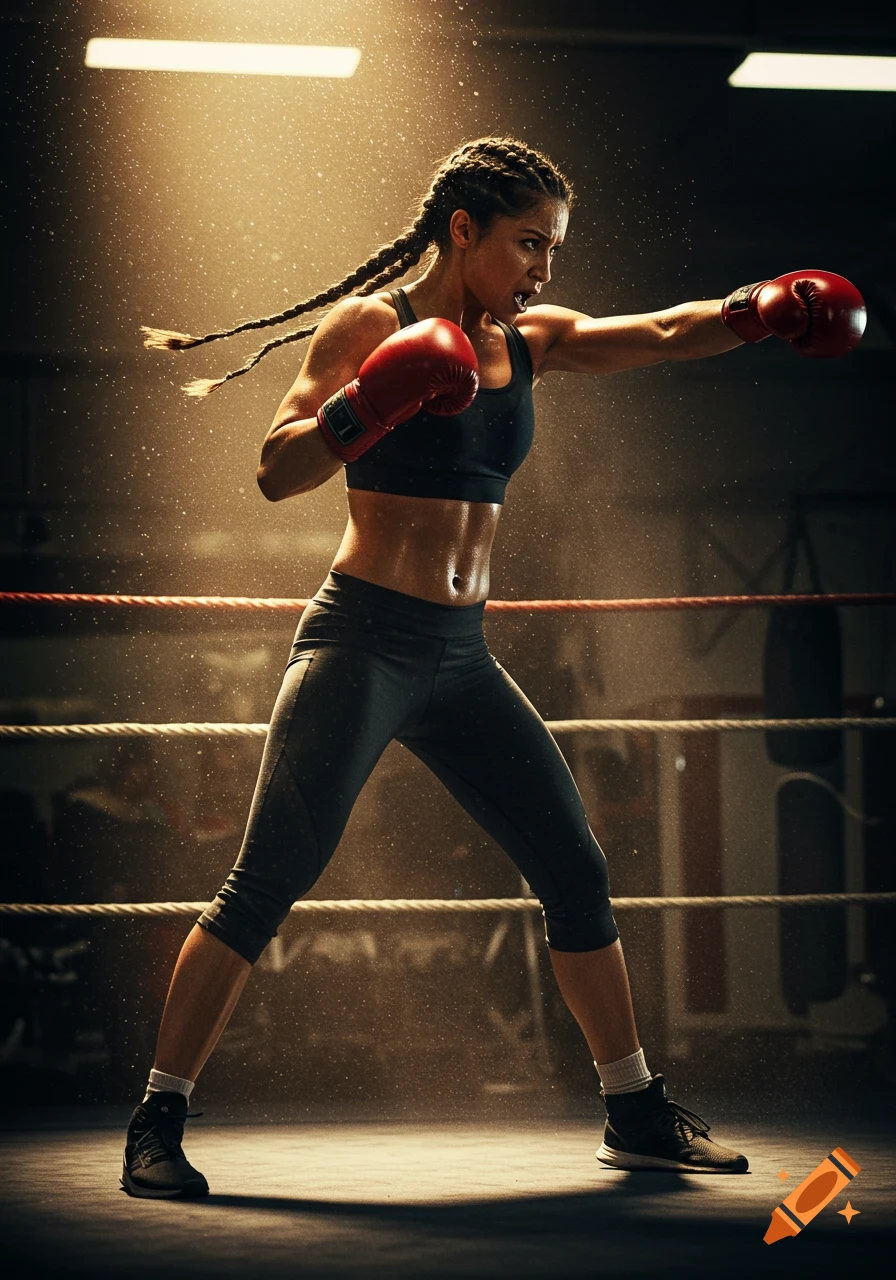 A woman boxer in red gloves and a sports bra throws a jab in a dimly lit, dusty boxing ring.