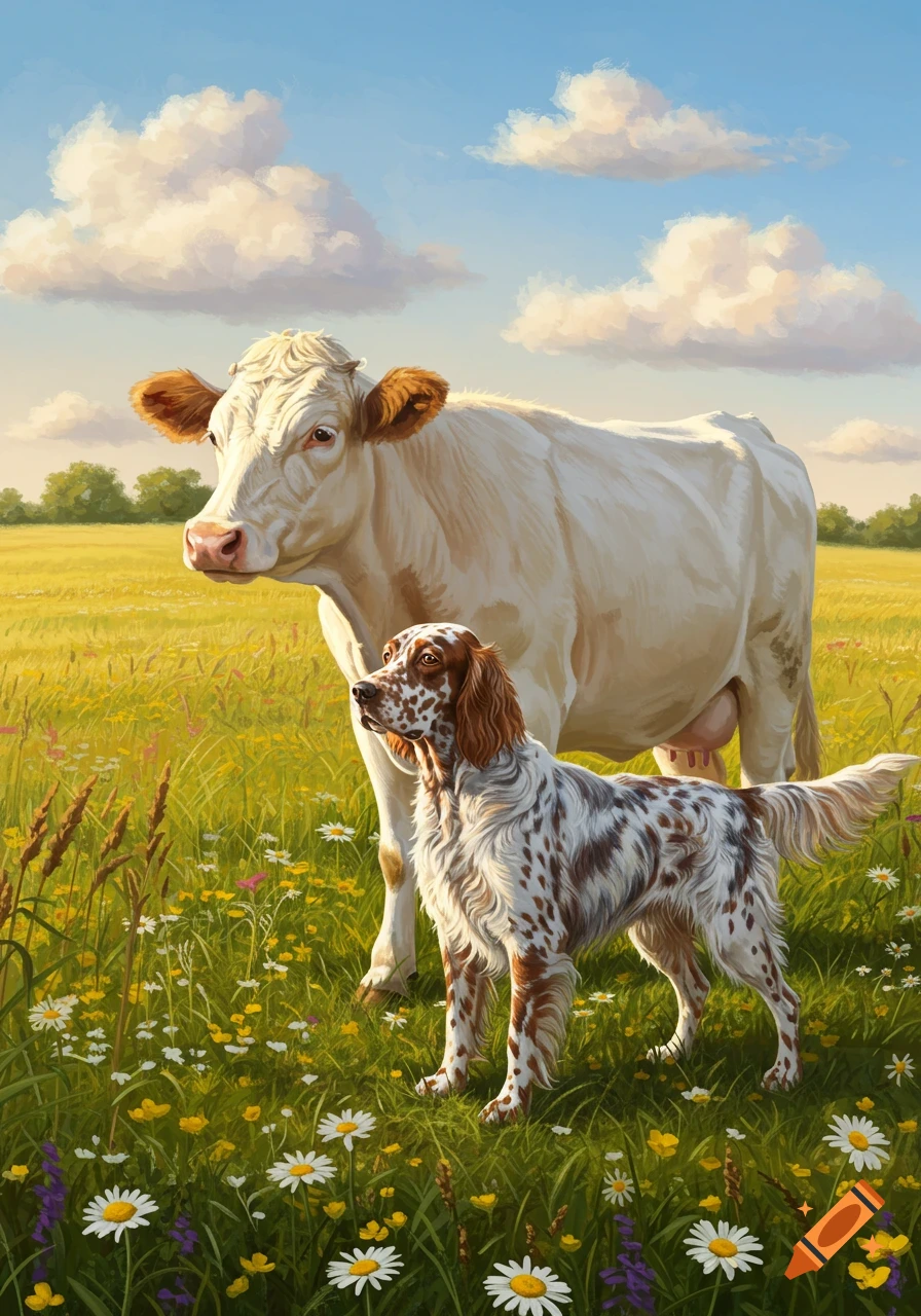 A white cow and a brown and white English Setter dog stand in a sunny meadow filled with wildflowers under a blue sky, painterly.