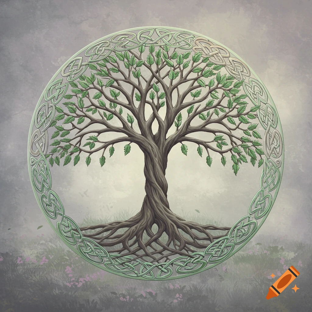 A detailed Celtic tree of life with green leaves and intricate roots, encircled by a thin band of Celtic knotwork. Grey-pastel style.