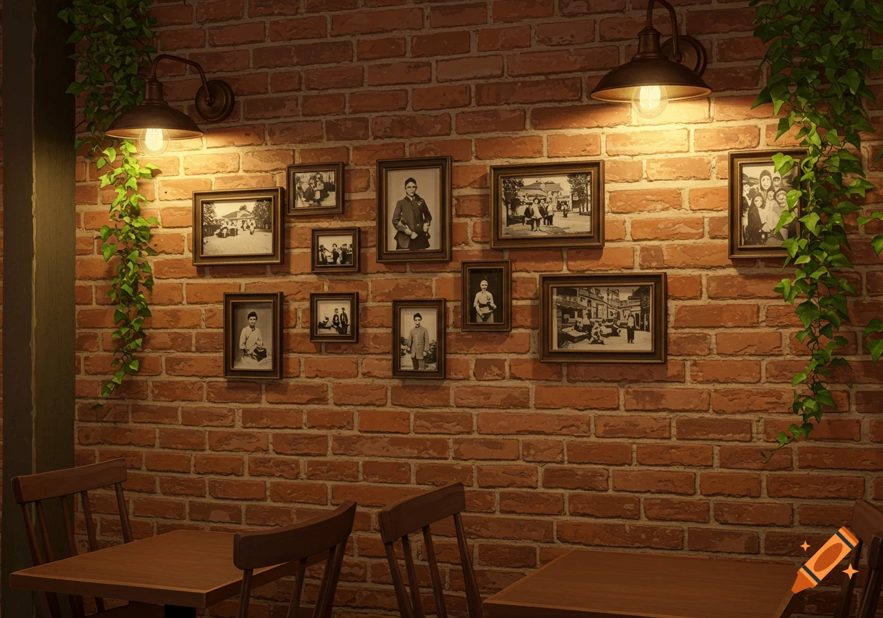 A brick wall in a cafe with framed black and white photos, wall sconces, green ivy, and wooden tables and chairs.