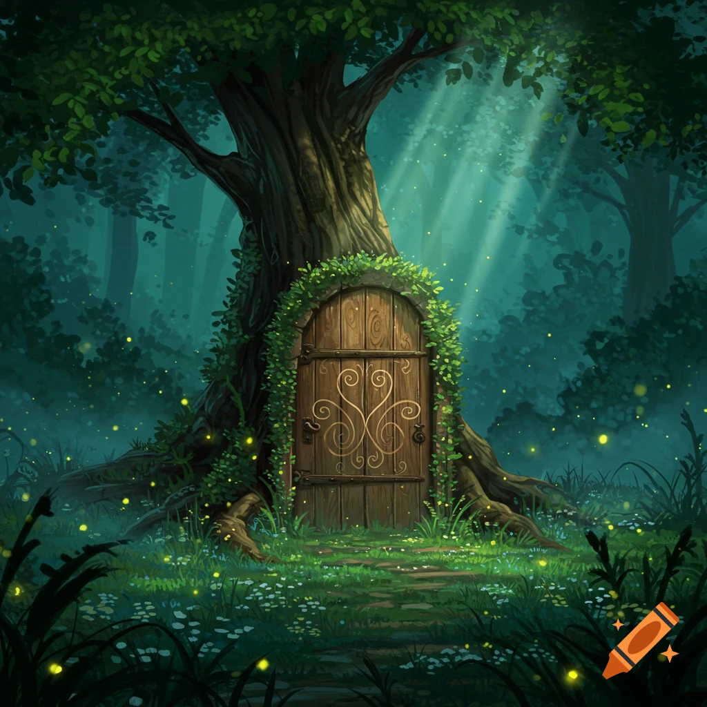 A magical forest scene with a rustic wooden door built into the base of a large tree trunk, surrounded by glowing fireflies and mystical light rays.