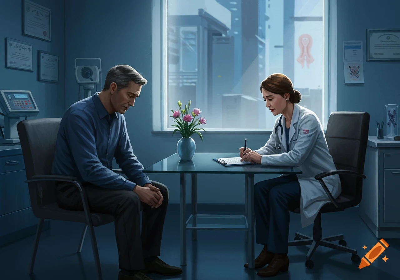 A solemn man sits opposite a female doctor in a medical office, with the doctor writing on a clipboard during a consultation.
