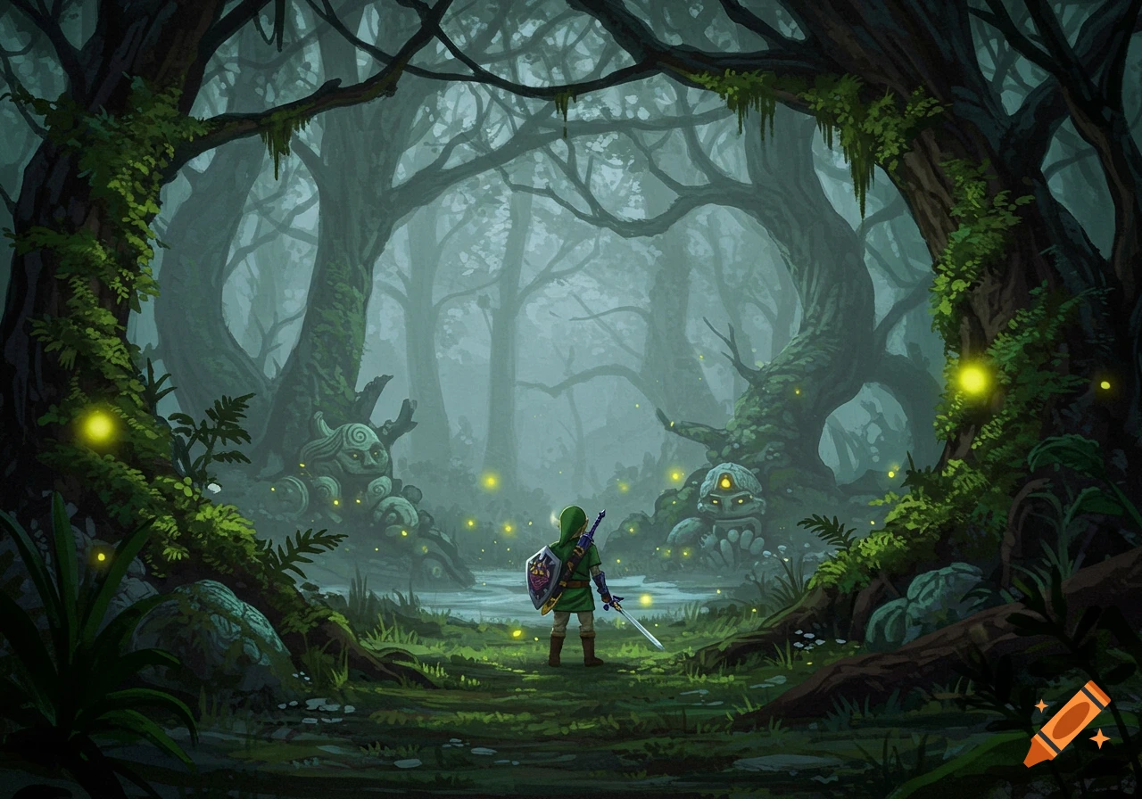 Link from Legend of Zelda stands in a misty, enchanted forest surrounded by glowing fireflies and ancient stone statues.