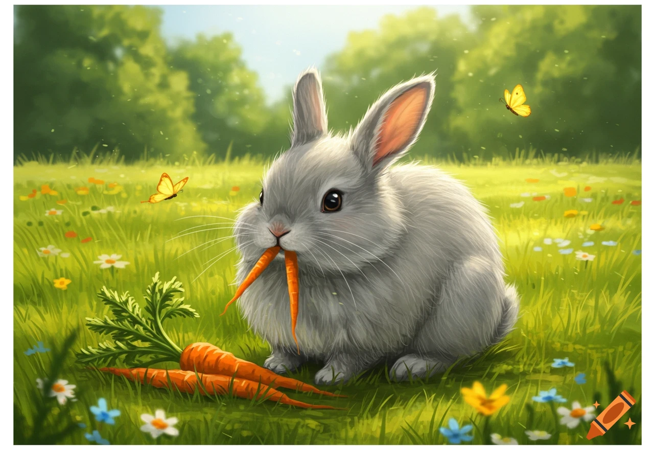 A fluffy grey rabbit with big ears sits in a vibrant green meadow filled with colorful flowers, eating a carrot. Two other carrots lie nearby as yellow butterflies flutter around.