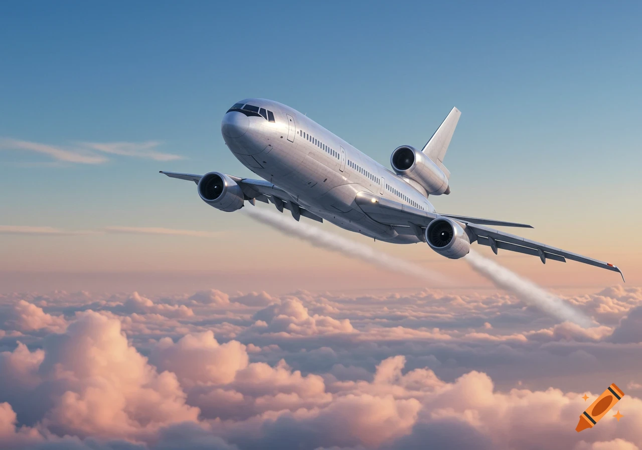 A silver DC-10 aircraft soars above pink and white clouds against a blue sky, leaving contrails.