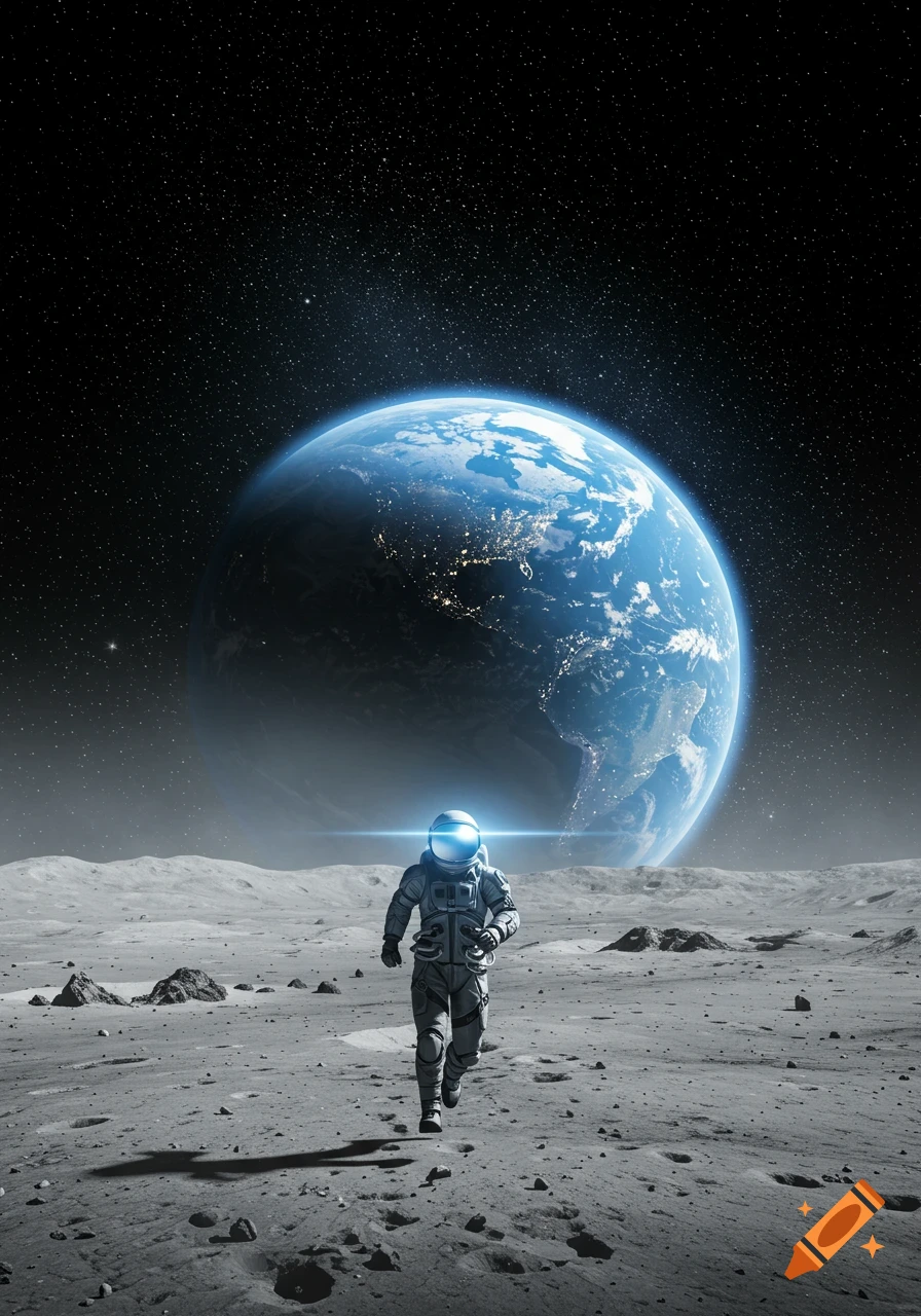 A photorealistic image of an astronaut running on the moon's surface with Earth visible in the background.