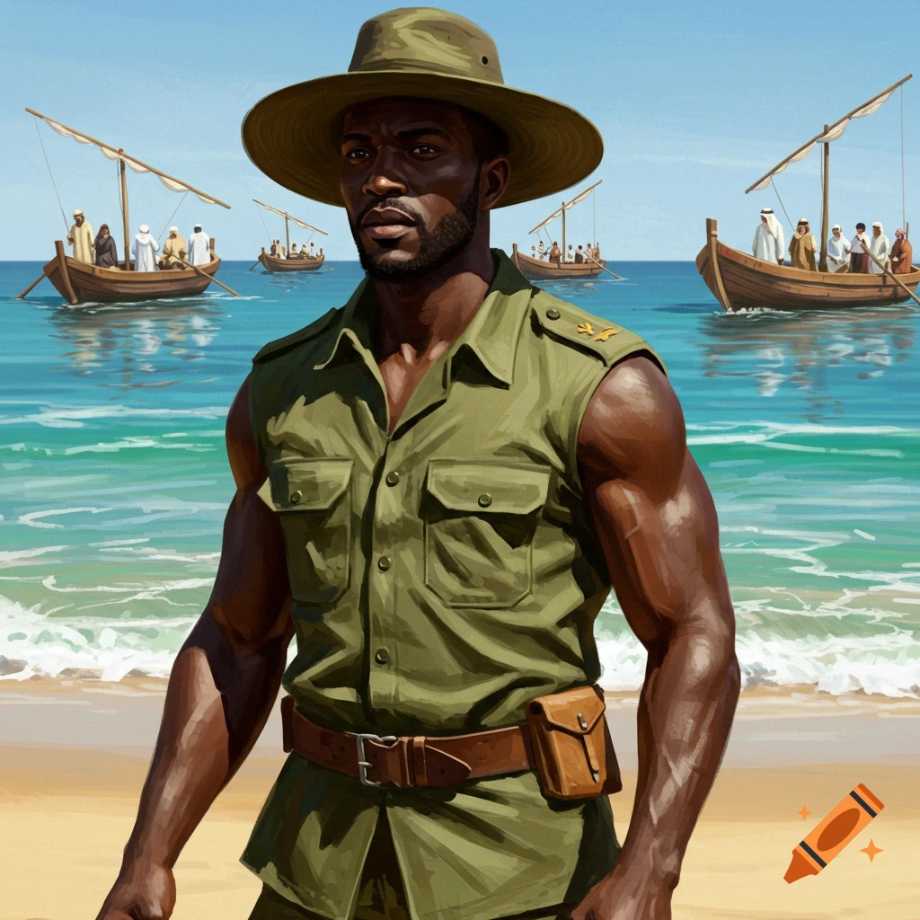 A well-built Black man in a military-style shirt and hat stands on a sandy beach, with traditional boats carrying people in the turquoise sea behind him.