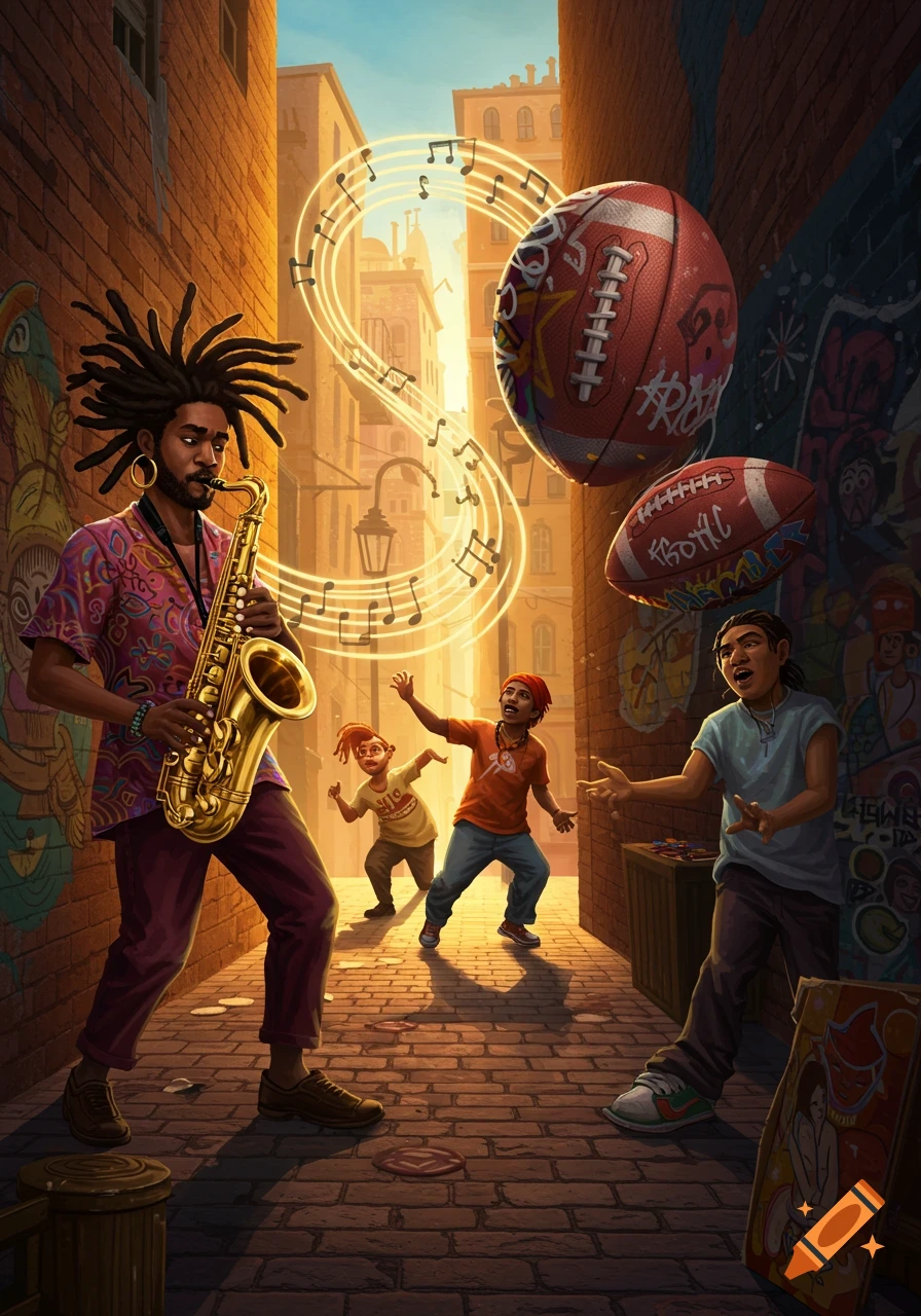 A man with dreadlocks plays a saxophone in an urban alley with graffiti, as children interact with two floating footballs. Illustrated in a vibrant street art style.