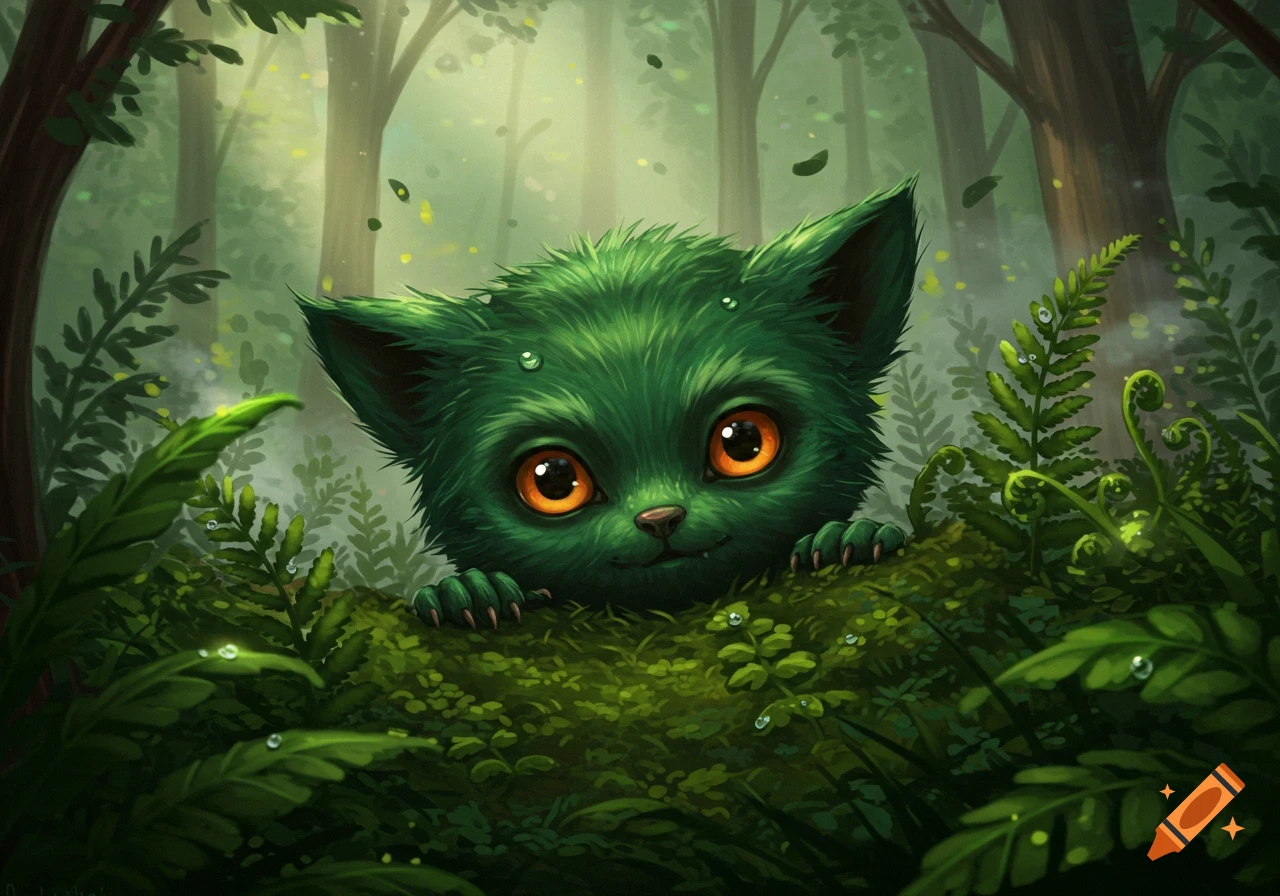 A cute, green, furry creature with large orange eyes peeks over a mossy log in a misty, lush forest in an illustration.