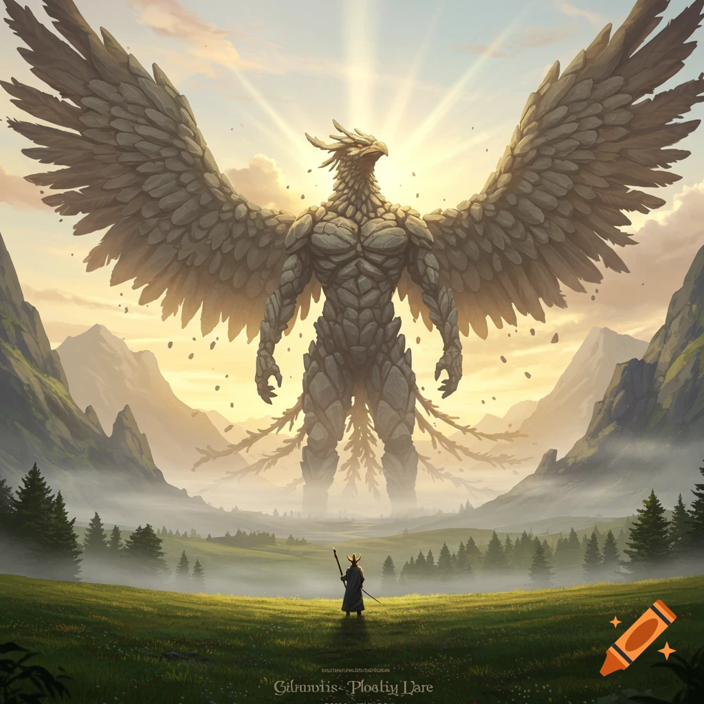 A giant rock anthropomorphic phoenix stands majestically in a sunlit mountain valley as a small figure looks up.