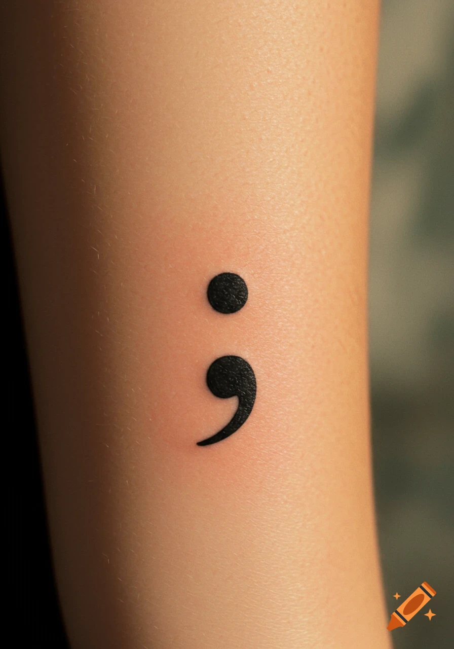 A close-up photograph of a black semicolon tattoo on a person's arm.