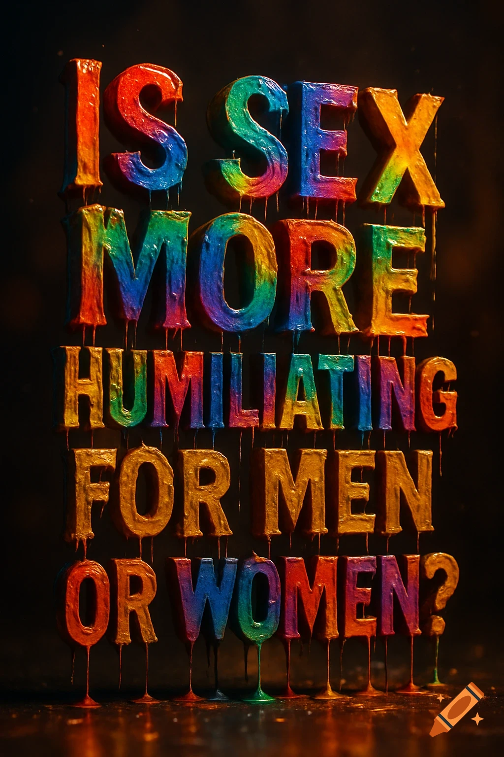 3D text art asking 'Is Sex More Humiliating for Men or Women?' with rainbow-colored letters dripping paint on a dark background.