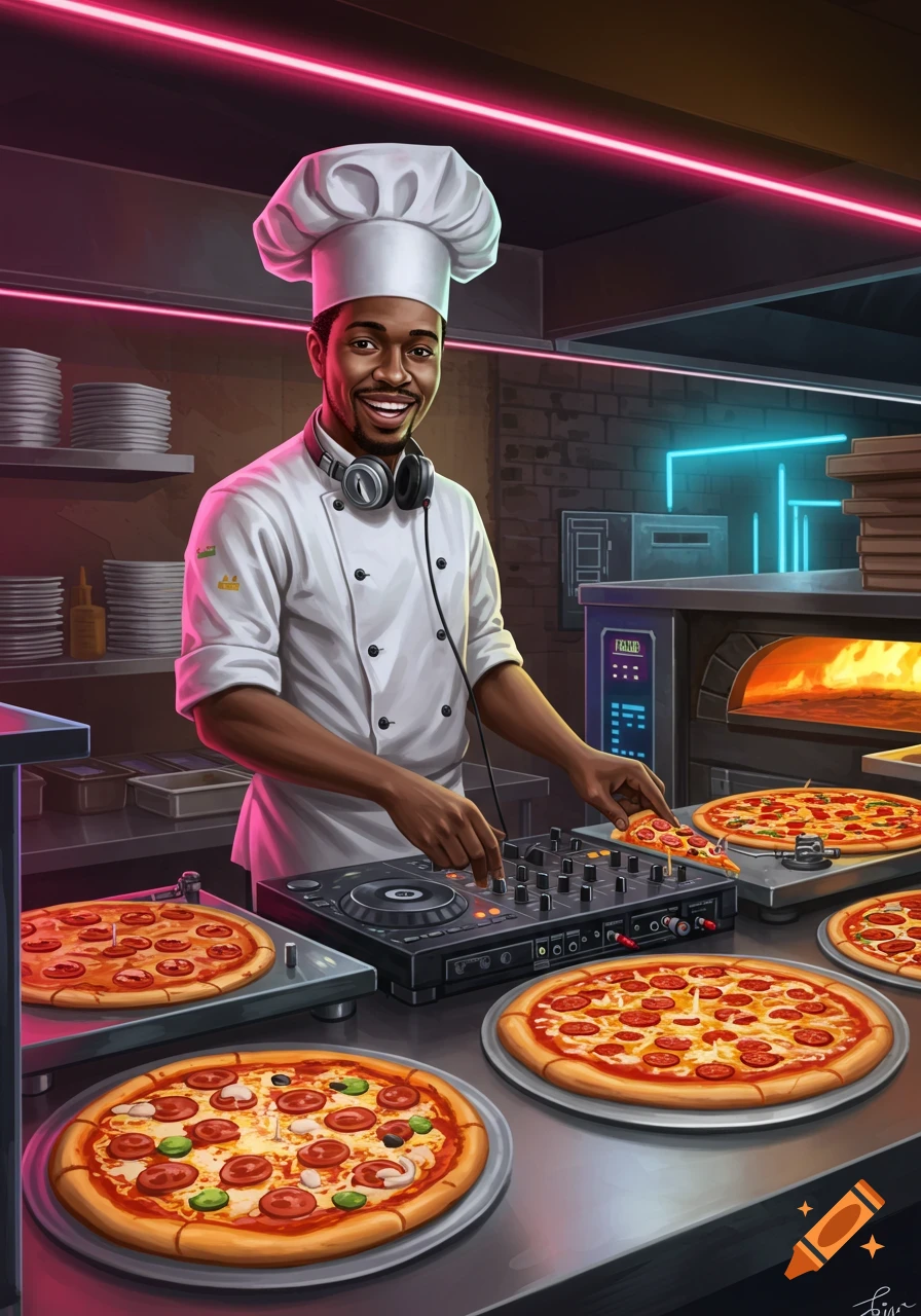 A smiling Black chef in a neon-lit kitchen, wearing headphones and a chef's hat, preparing pizza while using DJ turntables.