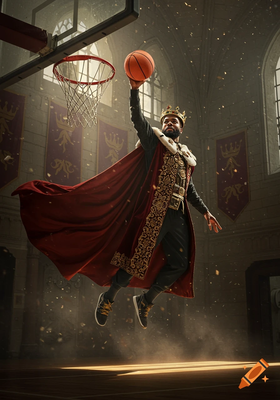 A king in a crown and regal red cape jumps to dunk a basketball in a grand, vaulted hall.