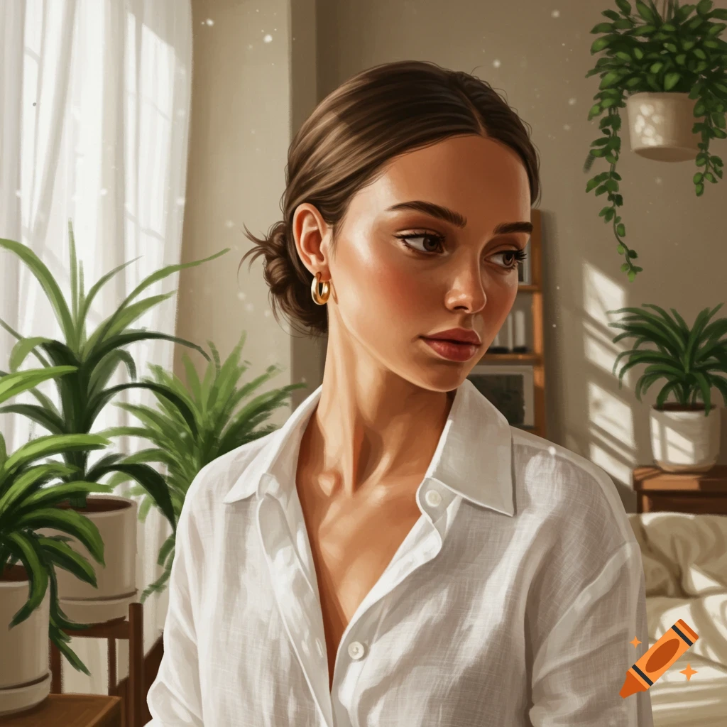 Digital painting of a woman in a white shirt, looking down, surrounded by potted plants in a sunlit room.