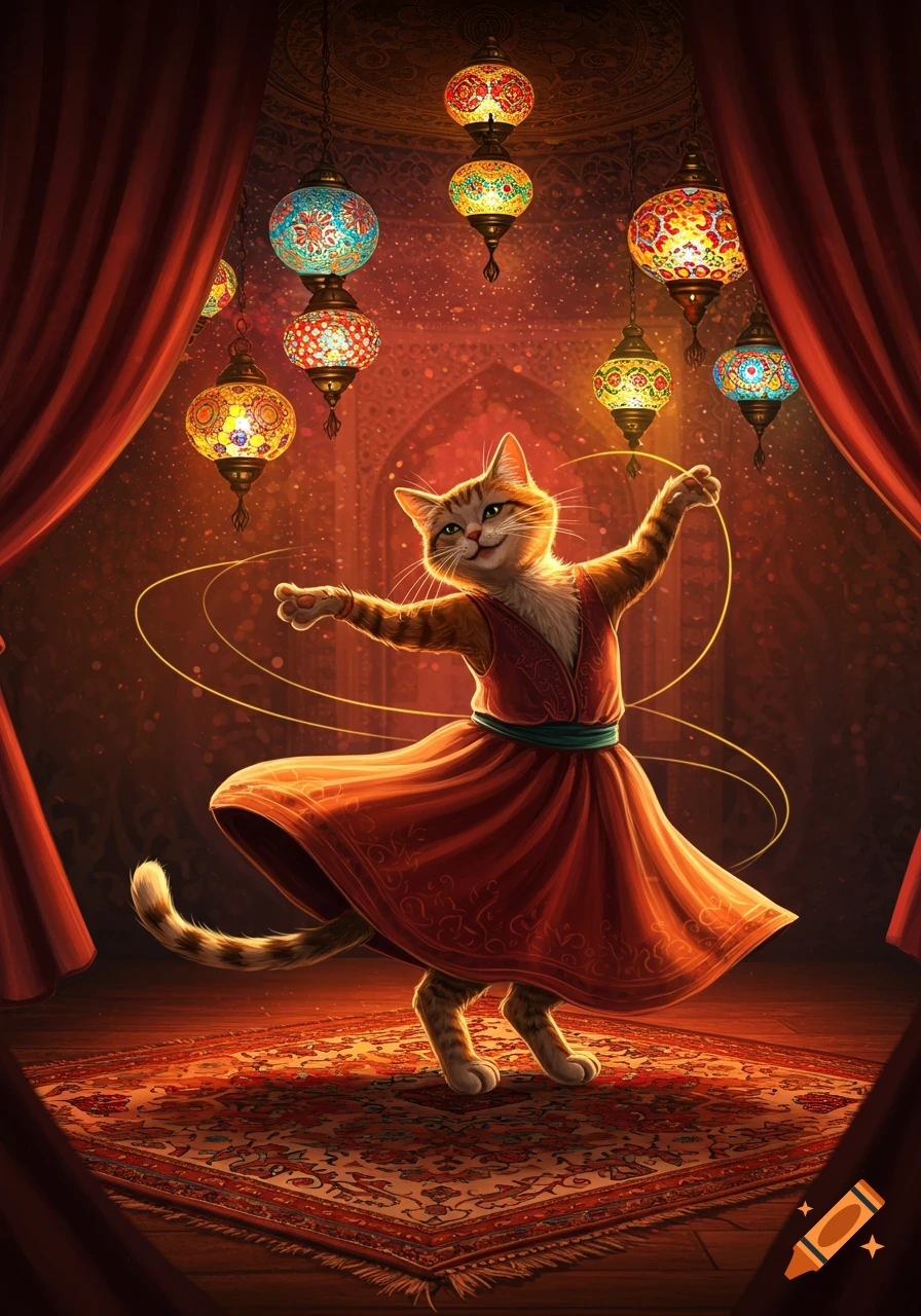 A whimsical cat in a red dress dances under colorful Turkish lanterns on an ornate rug.