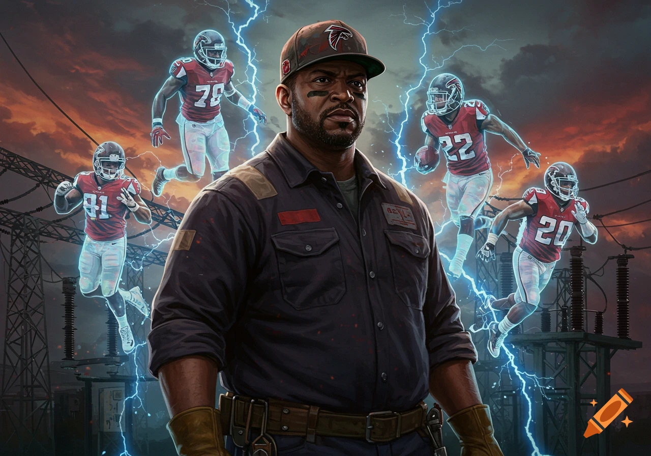 A man in an electrician's uniform and Falcons cap stands in front of a power substation with ghostly, glowing Atlanta Falcons football players and lightning surrounding him.