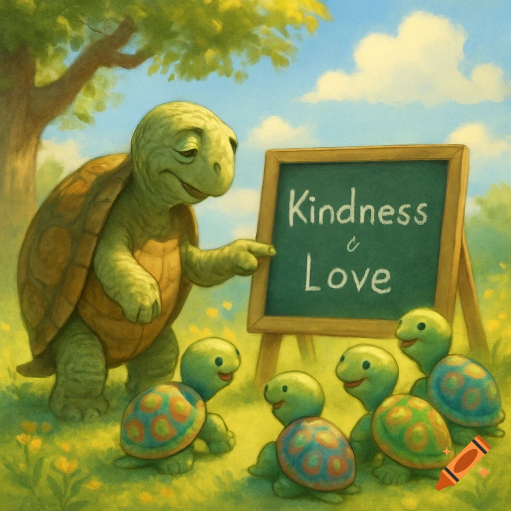A large turtle points to a chalkboard saying 'Kindness c Love' while four baby turtles listen in a grassy outdoor scene. Cartoon style.